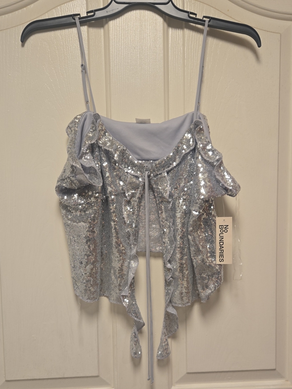 No Boundaries Silver Sequin Ruffle Tie-Front Camisole